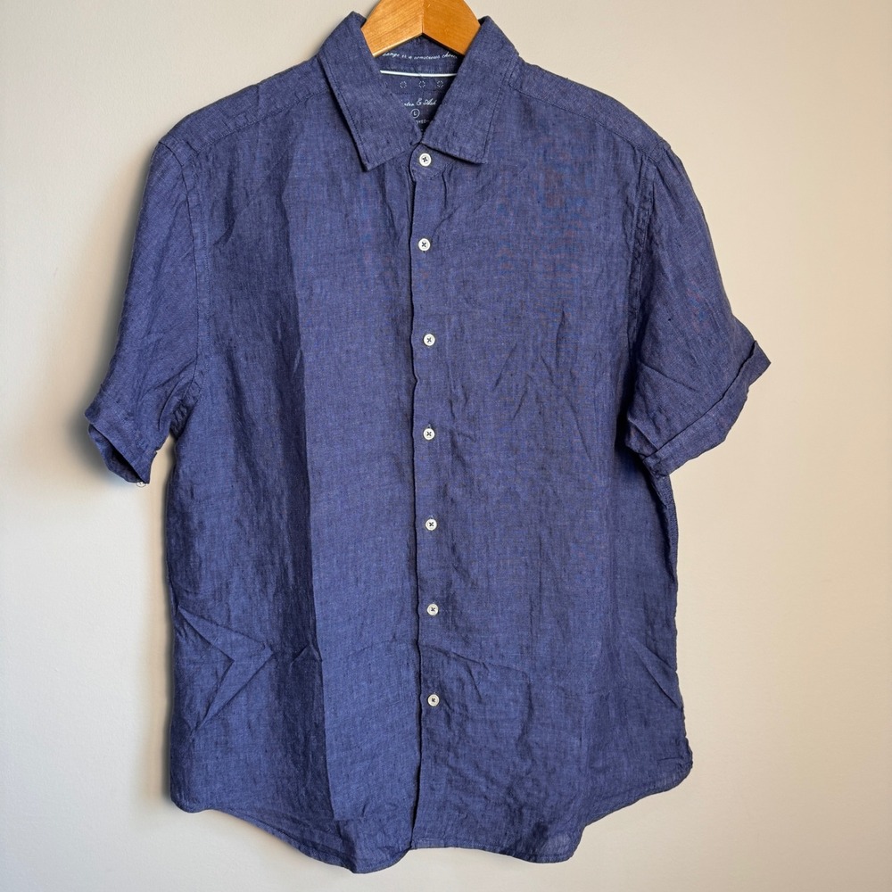 Porter & Ash Mens Yarn‎ Dyed 100% Linen Short Sleeve Button Up Shirt Blue Large